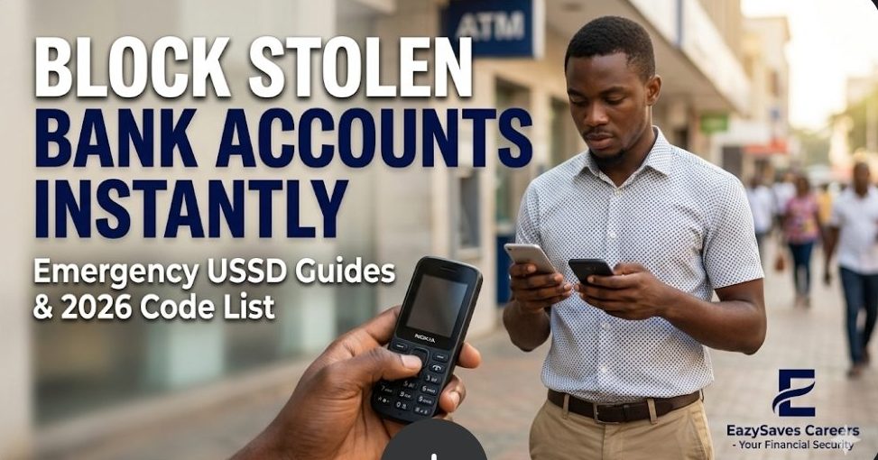 A young Nigerian professional man looking concerned at his smartphone while a hand holds a feature phone in the foreground, demonstrating how to use USSD codes to block a stolen bank account in Nigeria.