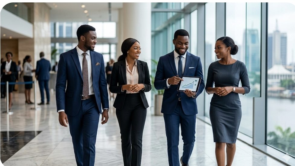 A group of professionals discussing the top 15 highest paying companies in Nigeria while looking at growth charts on a tablet