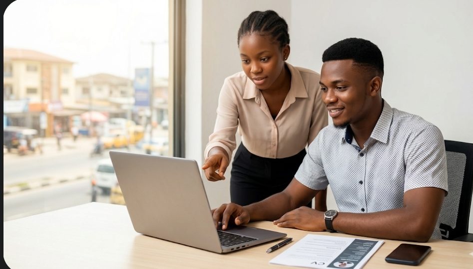 Two young Nigerian professionals reviewing an ATS-friendly CV on a laptop for OND and secondary school leavers.