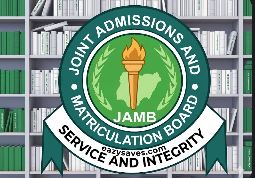 Recreated JAMB logo with eazysaves.com watermark against a library background for the 2026 UTME second batch result announcement.