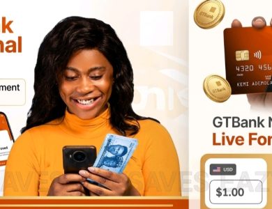 A woman smiling while checking her phone and holding Nigerian Naira notes, featuring a GTBank Personal Loans promotional banner and a GTBank Naira Debit Card with live forex rates.