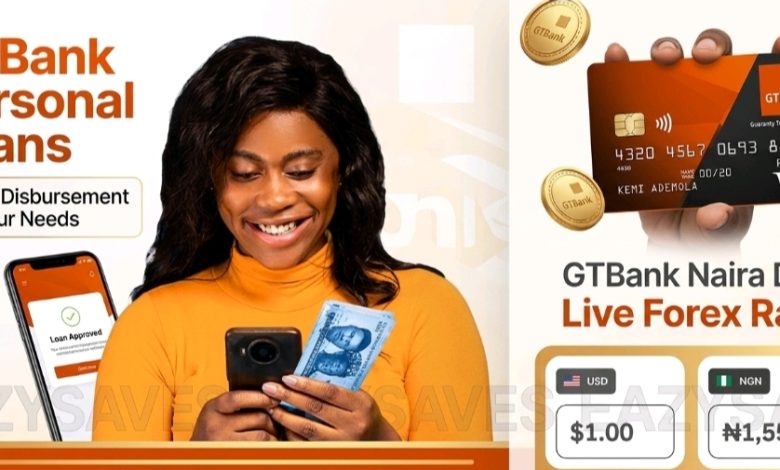 A woman smiling while checking her phone and holding Nigerian Naira notes, featuring a GTBank Personal Loans promotional banner and a GTBank Naira Debit Card with live forex rates.