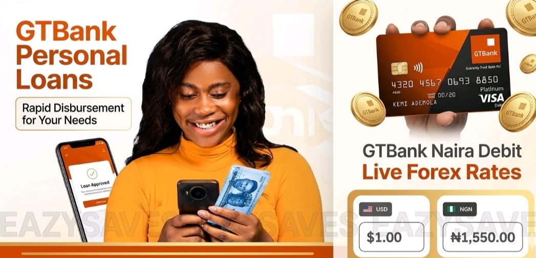 A woman smiling while checking her phone and holding Nigerian Naira notes, featuring a GTBank Personal Loans promotional banner and a GTBank Naira Debit Card with live forex rates.