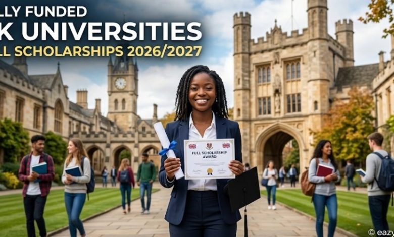 A joyful young Black woman in a navy blazer stands centered on a historical British university campus pathway, proudly holding a rolled scroll tied with a blue ribbon and an official certificate titled "FULL SCHOLARSHIP AWARD." Other diverse students walk blurred in the background among classical stone architecture under a bright, partly cloudy sky. Bold text overlay at the top-left reads: "FULLY FUNDED UK UNIVERSITIES FULL SCHOLARSHIPS 2026/2027